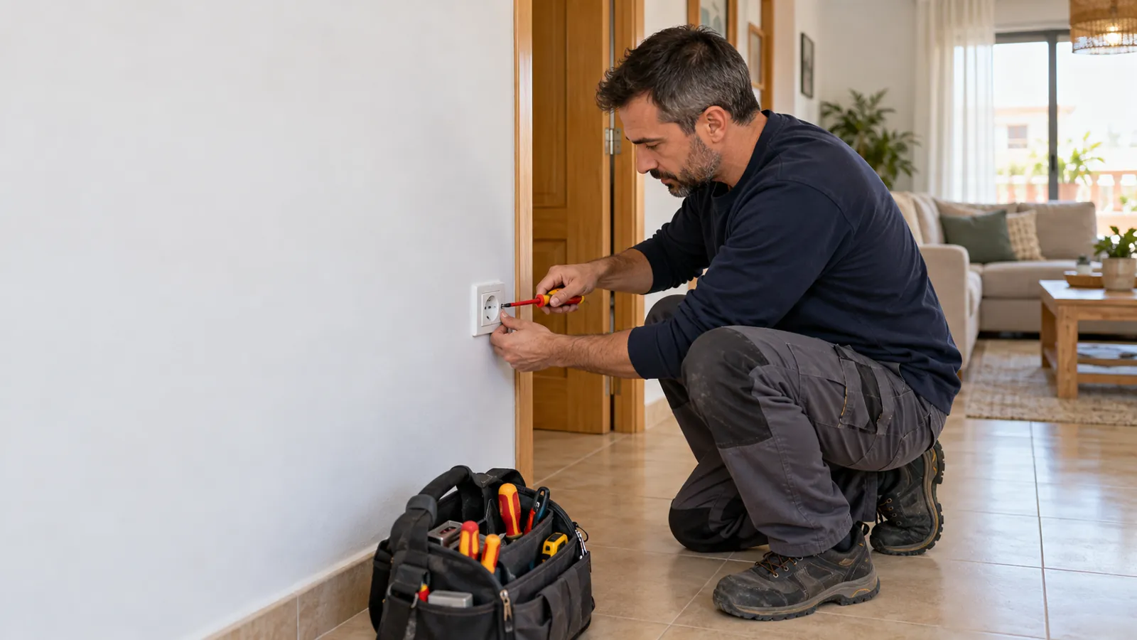 Technician fitting a socket in a synthetic home scene